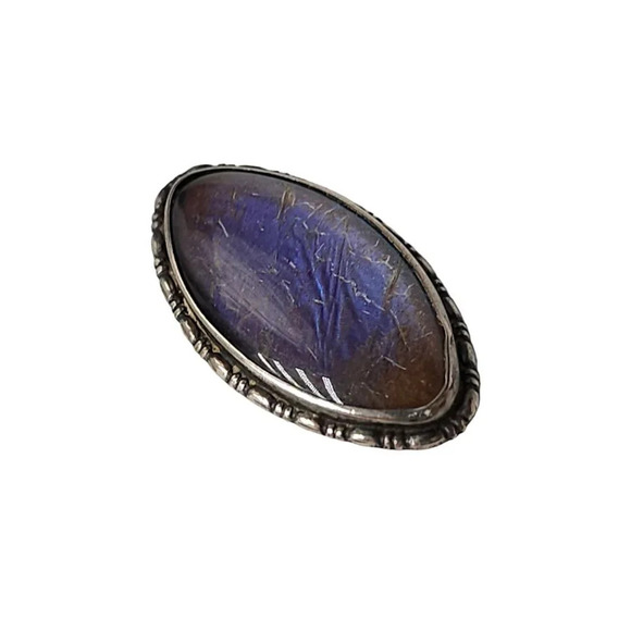 Sterling Silver Morpho Butterfly Wings Oval Brooch Pin Vintage Made in Englanda - Picture 2 of 5